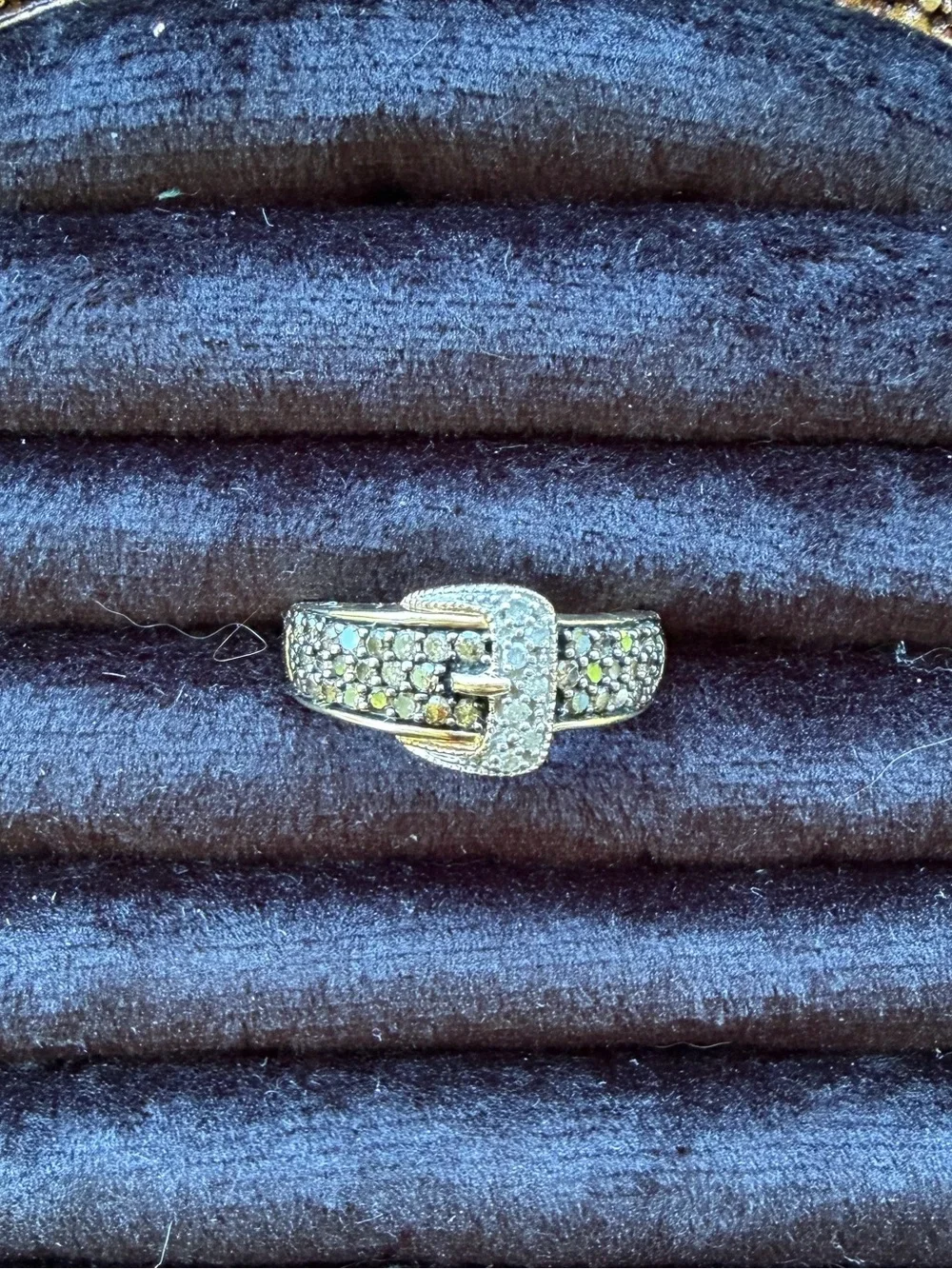 10K Gold Natural Champagne & White Diamond Buckle Ring